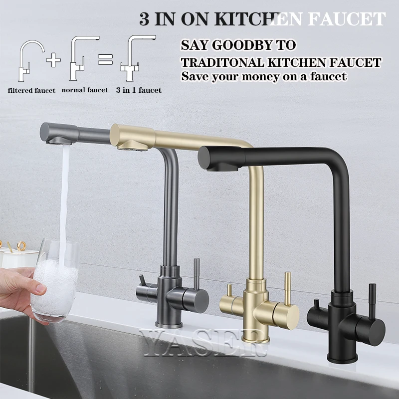 

Brushed Gold 3 Way Filtered Kitchen Faucet Dual Handle Matt Black 3 In 1 Drinking Faucet For Water Filtration System