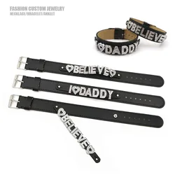 18mm Wide PU Leather Custom Rhinestone Letters Name Bracelet for Women Fashion DIY Personalized Jewelry Lovers Friends Gift