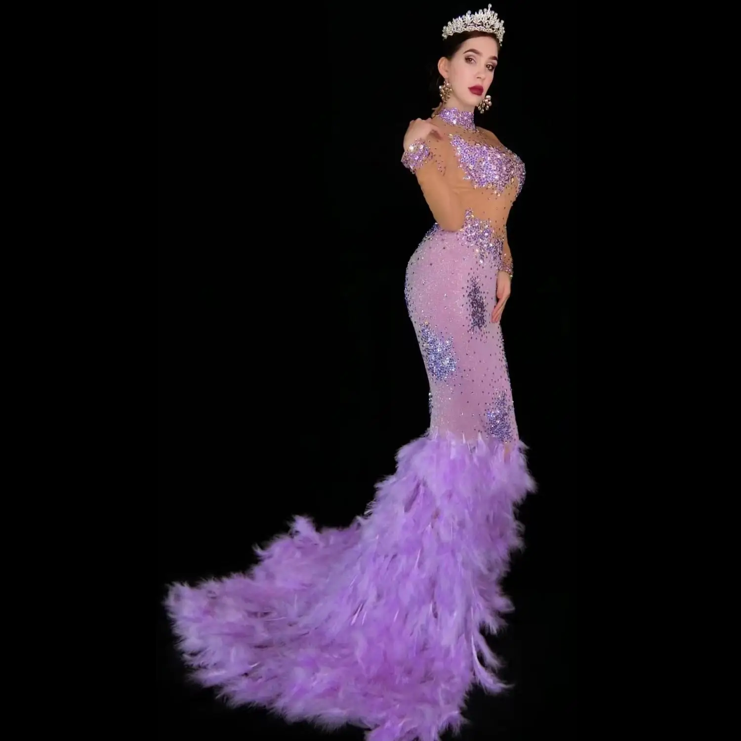 Robe de Luxe Longue à Plumes en Strass pour Femme, Tenue de Soirée, de Bal, de Chanteur, Costume de Scène, Shenniao