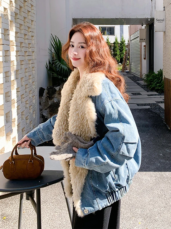 여성용 양털 칼라 데님 다운 재킷 따뜻한 패션 캐주얼 루즈핏 화이트 다운 아우터웨어 코트