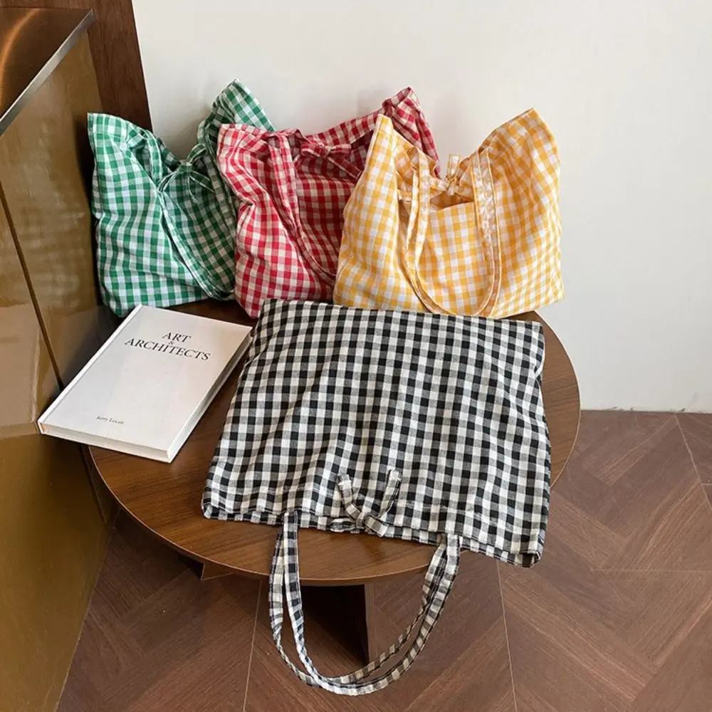 

Fashionable Polyester Plaid Tote Bags Large Capacity Lightweight Bow Shoulder Bag Bow Tie Design Shopping Bag Ladies