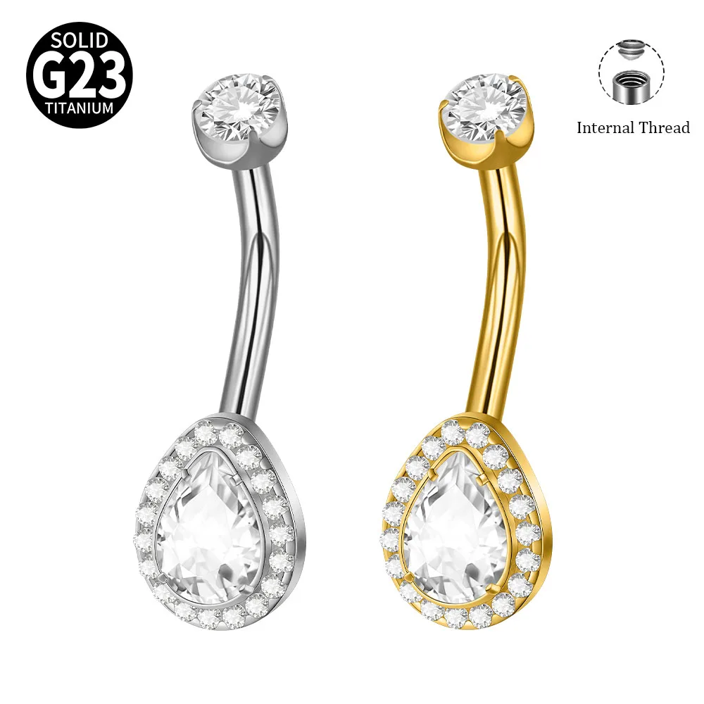 G23 Titanium Curved Barbell Water Drop Zircon Crystal Belly Button Ring Internal Thread Navel Bar Navel Piercing Body Jewelry