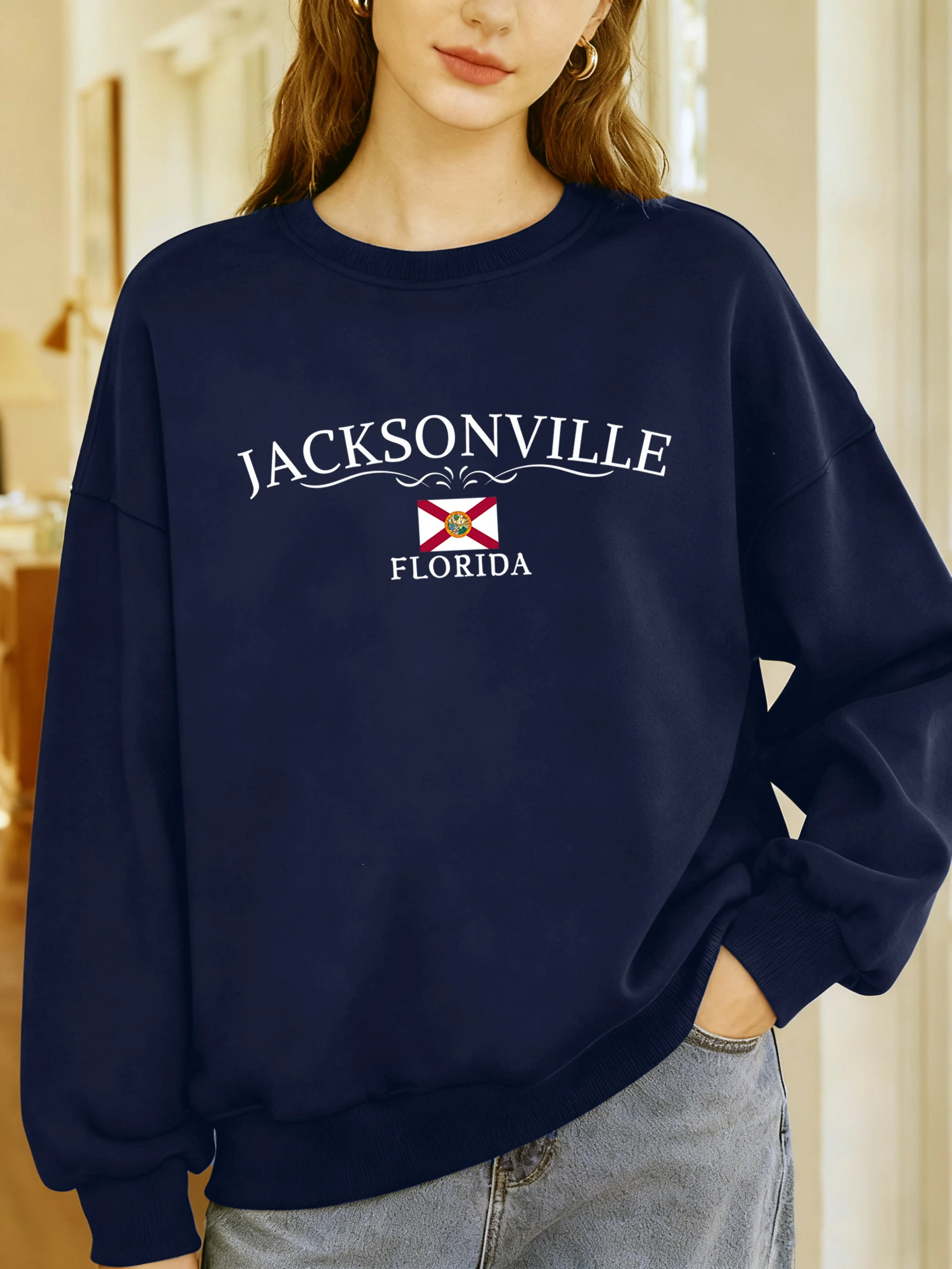 جاكسونفيتل فلوريدا طباعة حروف المرأة الشارع الشهير Crewneck موضة البلوز البلوفرات كبيرة الحجم ملابس الخريف غير رسمية