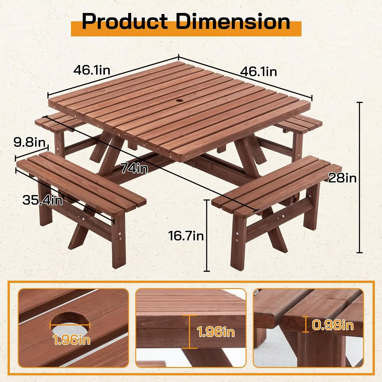 Wood Picnic Table Bench Set for 4-8 Person, Square Picnic Tables for Outdoor with Umbrella Hole and Benches
