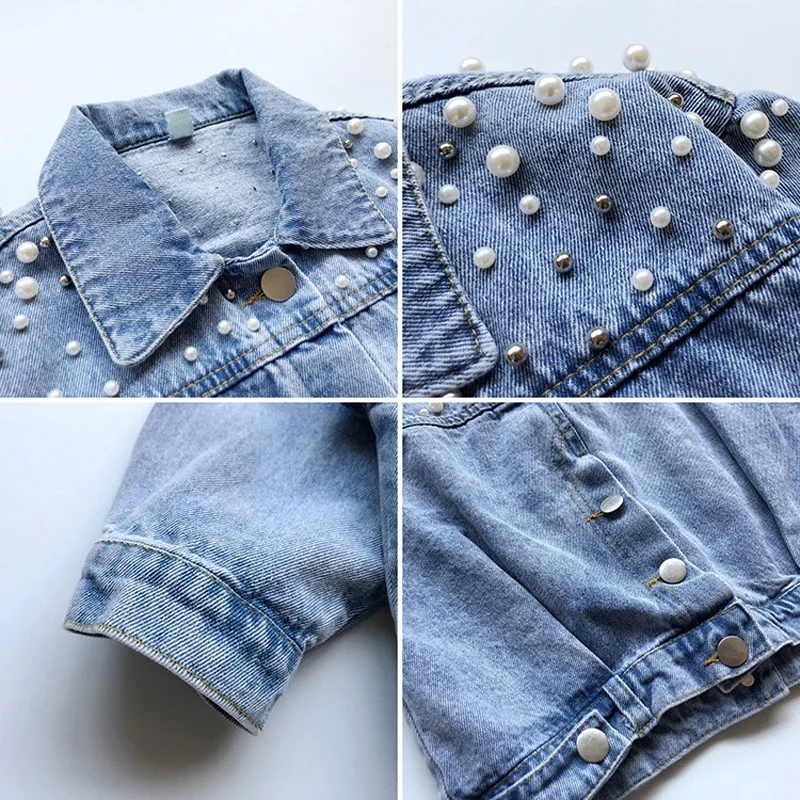 New Spring Autumn Pearl Embellishment Teenage Girls Denim Coat Children Fashion Windbreaker Kids Birthday Present Outerwear