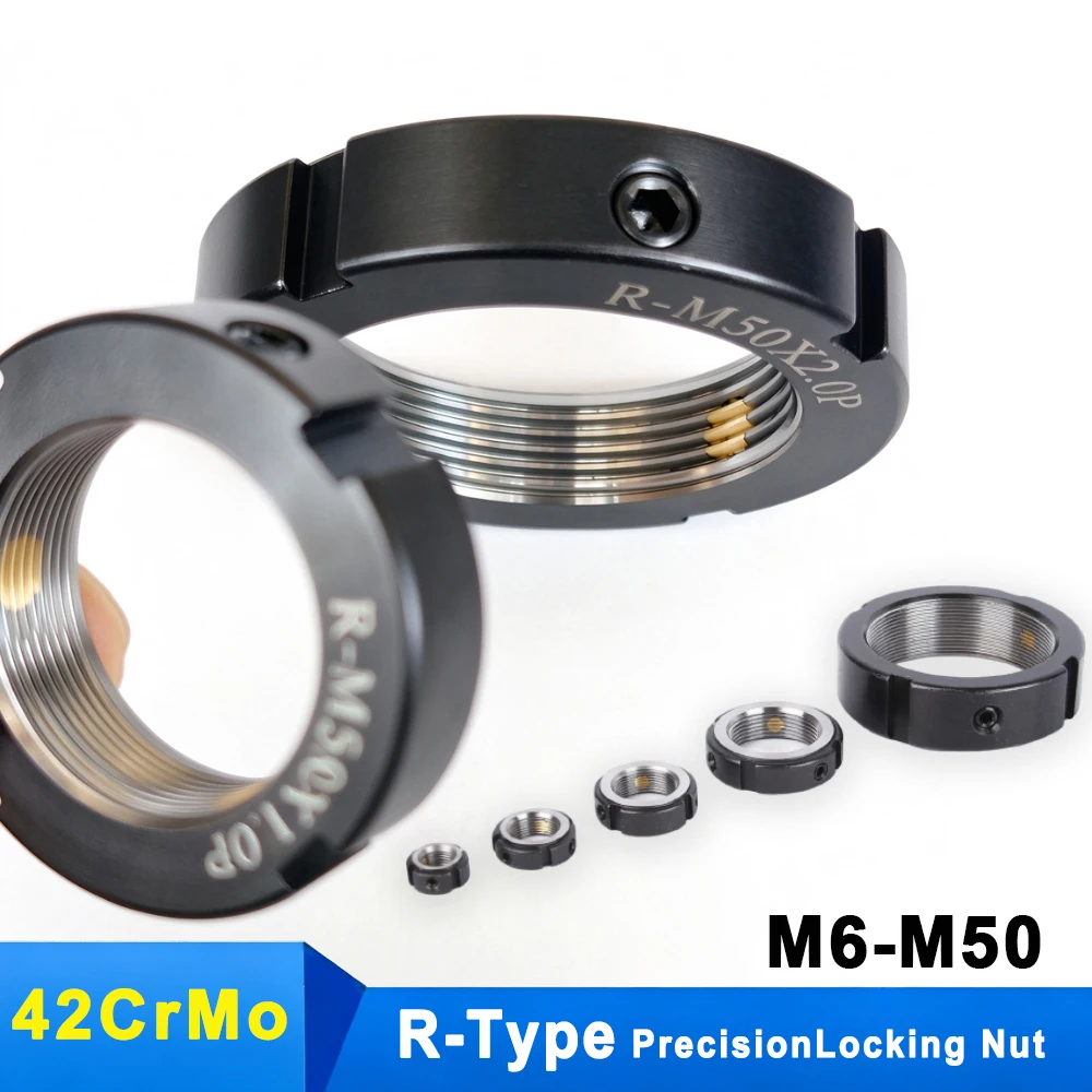 1PCS Precision Locking Nuts R-Type Flank Radial 42CrMo Anti-Loose Bearing Cap Lathe Stop for M6-M50 Screw Rod Lock Round Nuts
