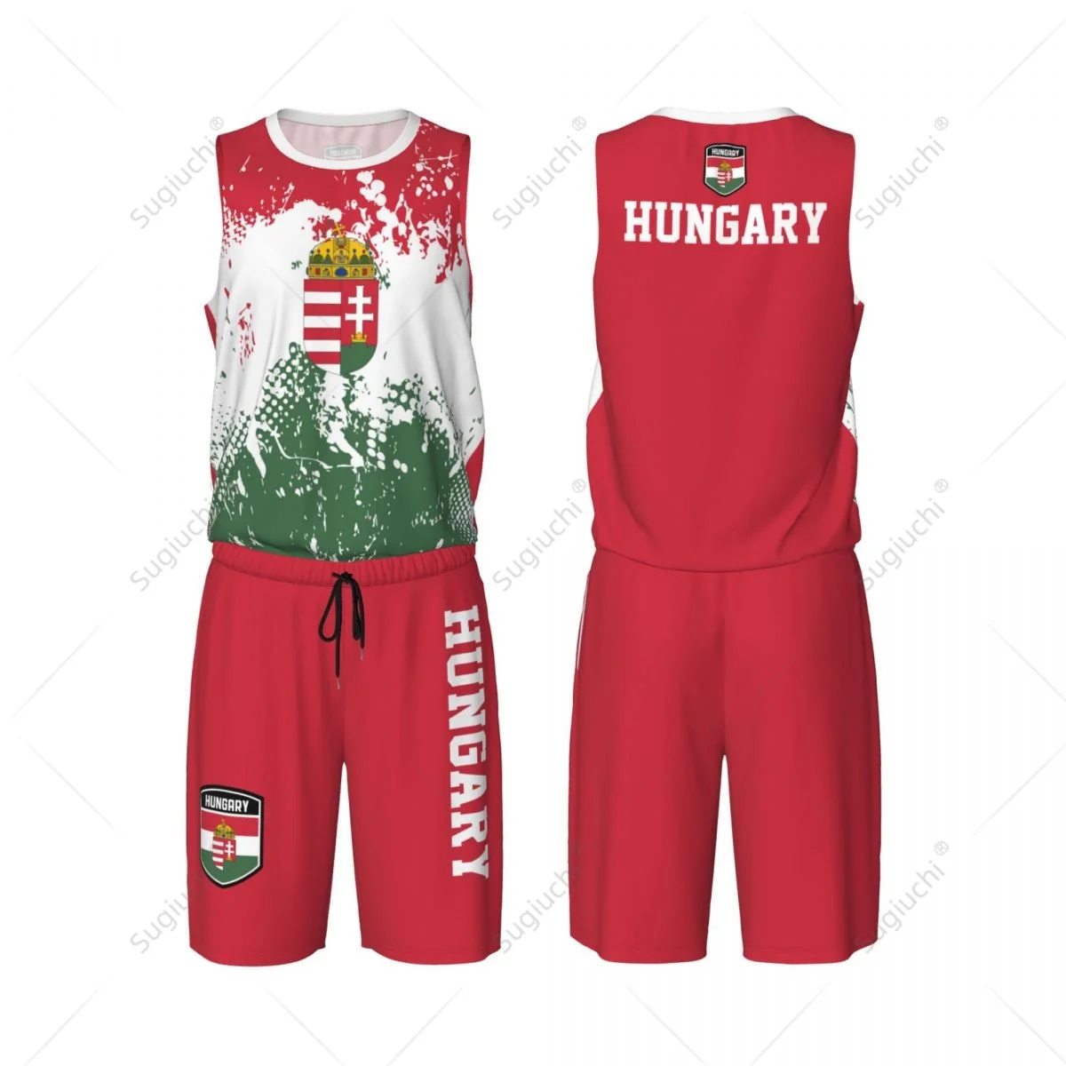 Hungary Flag Grain Men Basketball Set Shirt & Pants Sleeveless