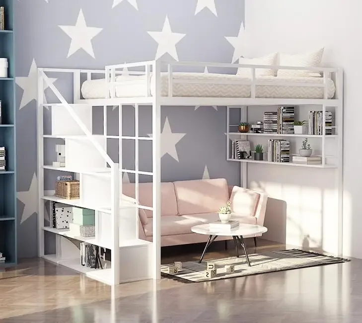 Nordic iron art bed and table elevated bed sheet, upper loft bed, small apartment, provincial space, double iron frame bed