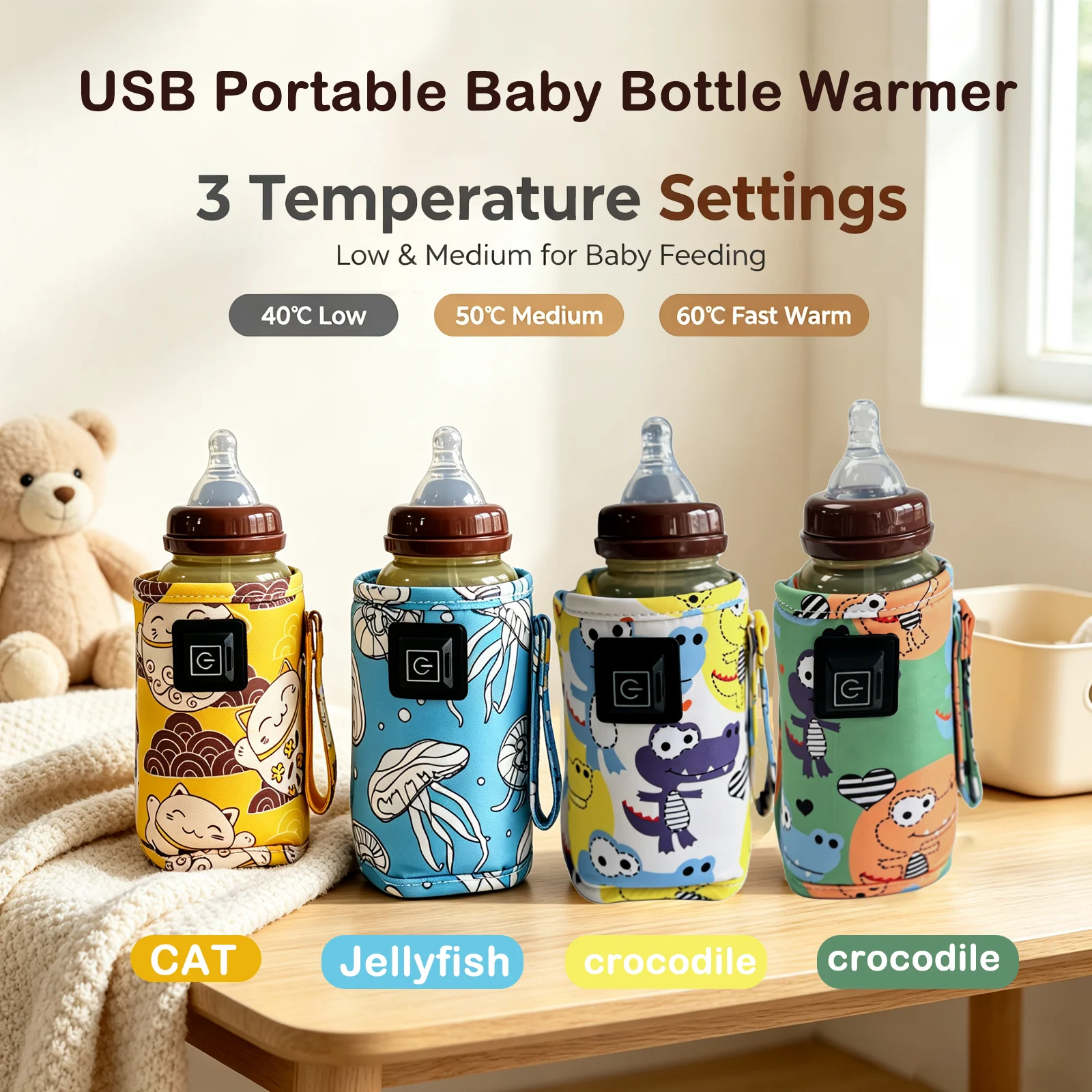 USB portable baby bottle warmer, 3-speed temperature adjustment, no need for batteries, suitable for travel as a thermos heating