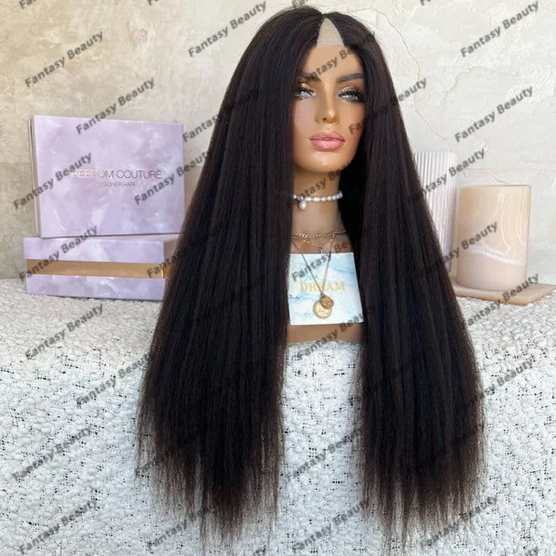 

Long 26Inches Kinky Straight 180Density Black Women Full Machine Made V Part Wigs Glueless Adjust 1x4 V Part Wigs with Clips