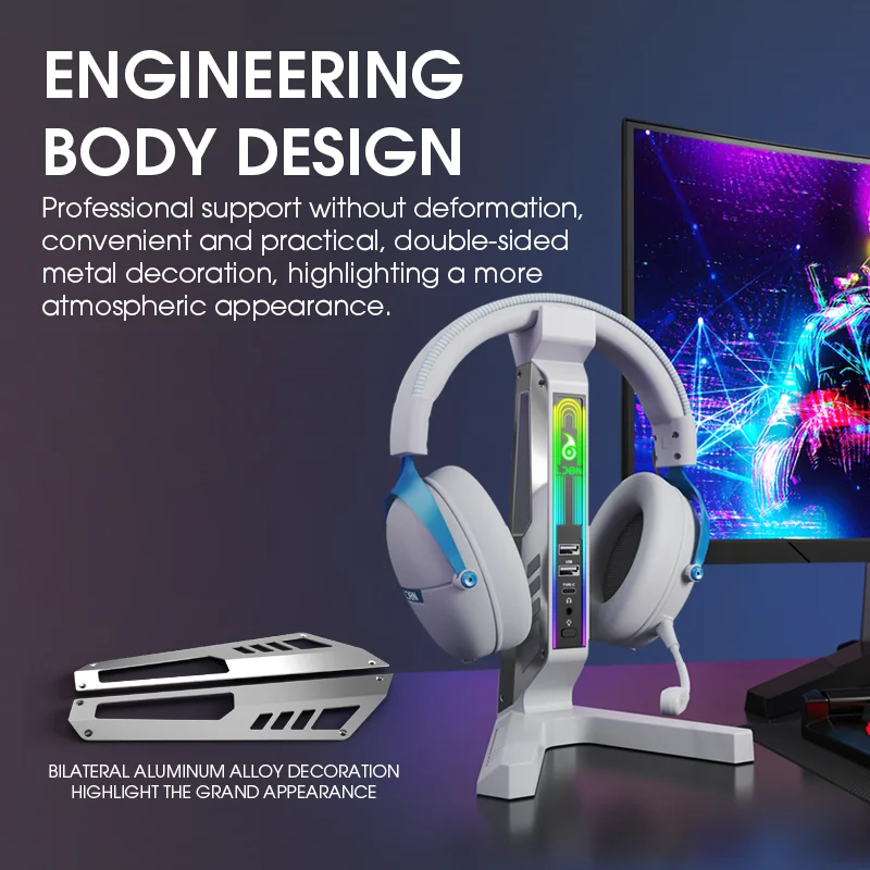 2025 RGB Headset Stand with USB Hub 2.0/Type-C Ports LED Gaming Headphone Holder Offer Custom Patterns and Logo Service as Gifts
