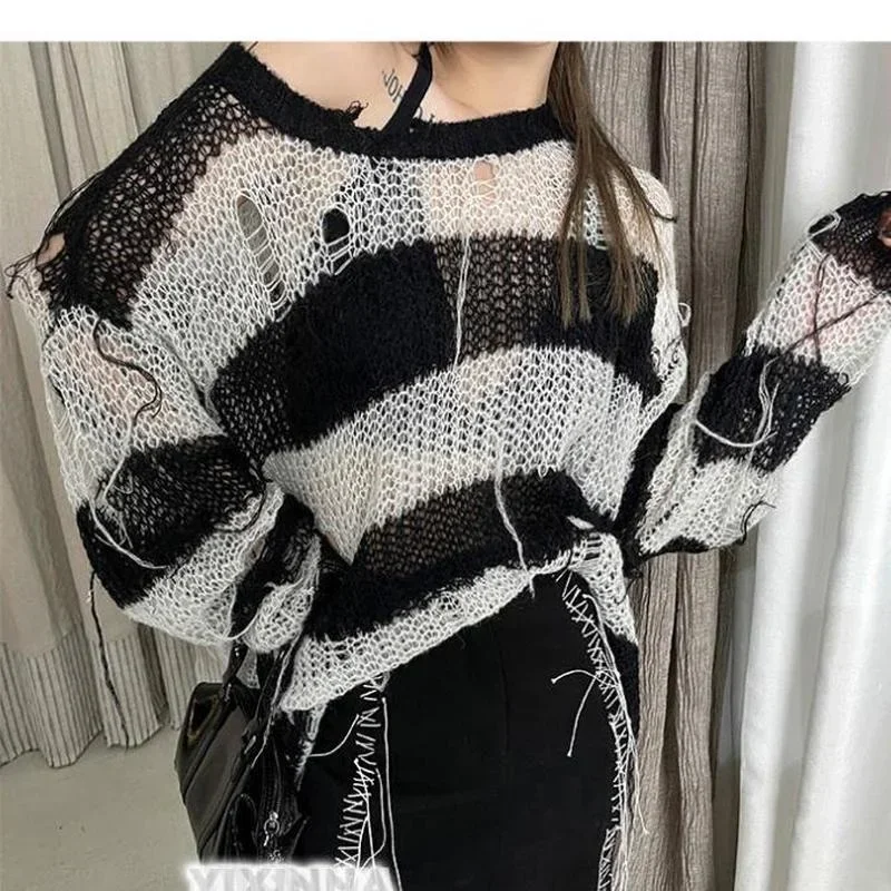 Women Drunge Style O Neck Thin Hollow Out Sweaters Striped Loose Harajuku Korean Gothic Fashion Sweater Casual Knitted Top Goth