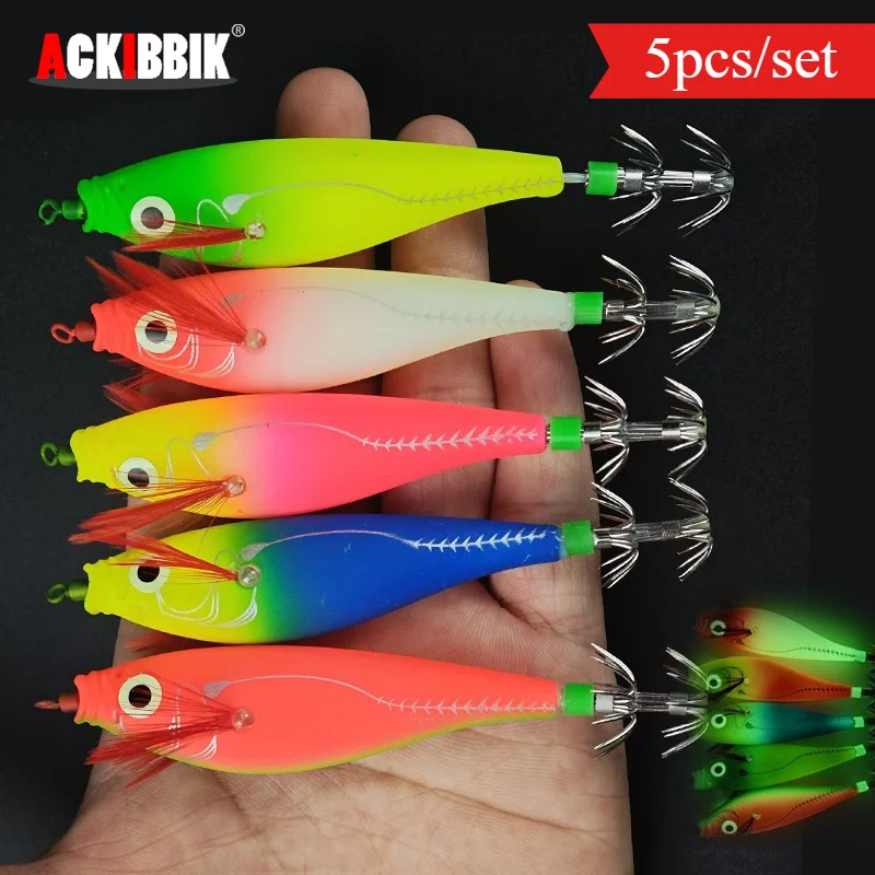 Ackibbik 5pcs Luminous Horizontal Squid Jig Glow Squid Jigs Saltwater Squid Shrimp Lure Jig Squid Jig Fishing Lure