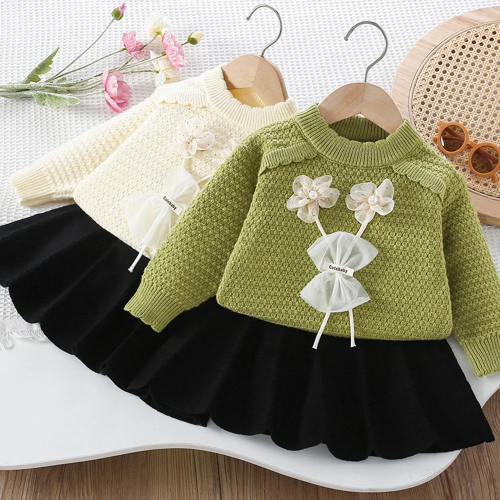 

Girls Knitted Clothes Sets Spring Autumn Children Woolen Jersey Sweaters Tops Skirts Kids Princess Dress Suit For Baby Outfits 3