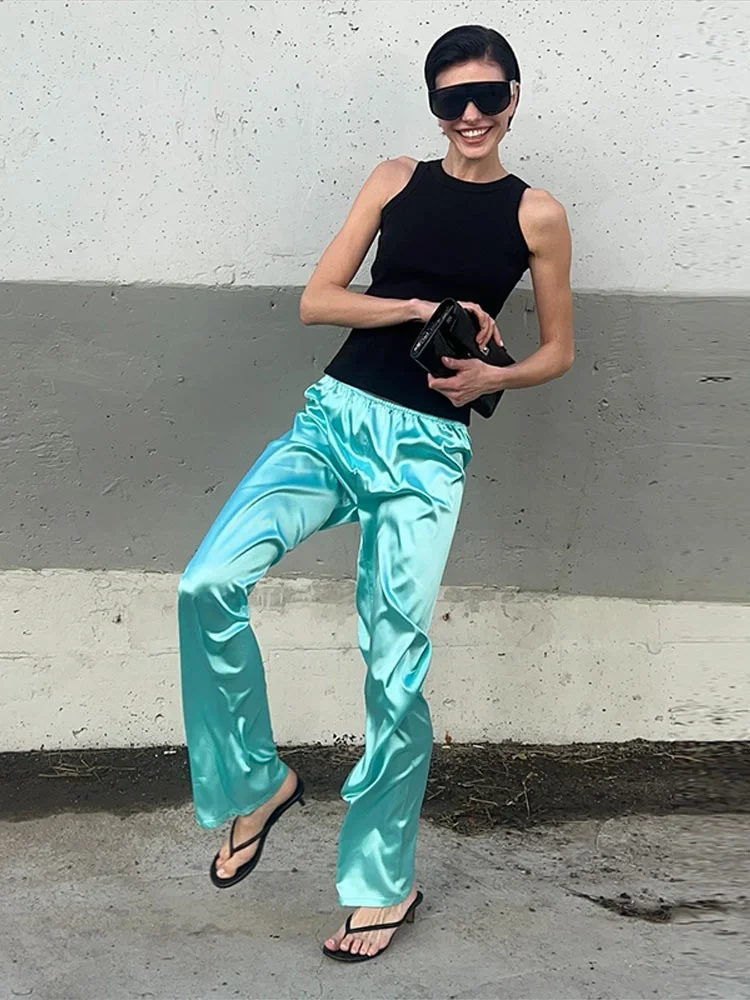 Herbst Damen Mintgrüner Satin 2-Teiliger Anzug Stehkragen Reißverschluss Vorne Lose Langarm-Bluse Weite Hose Urlaubs-Matching-Anzug – Detail 12