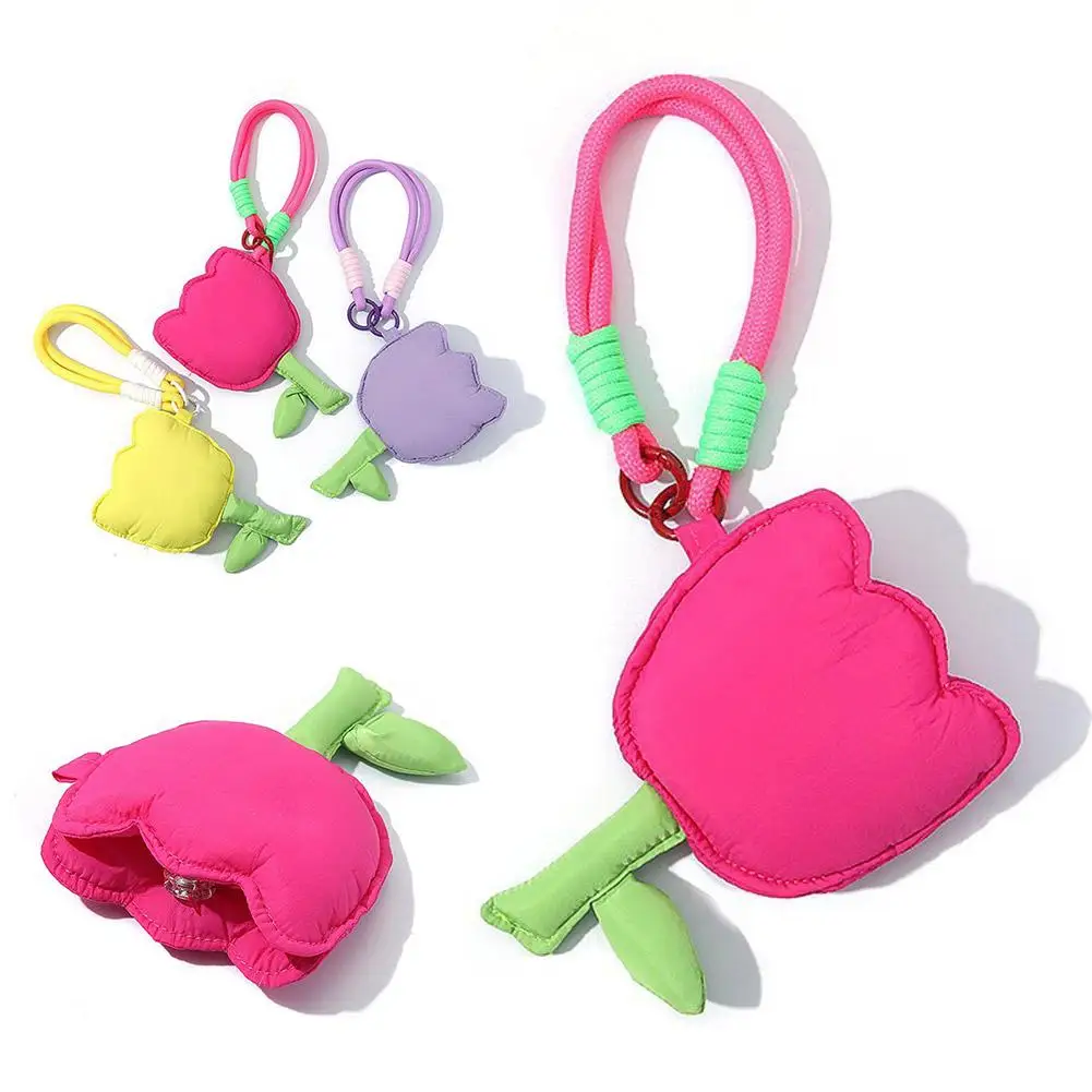 Puffy Tulip Bag Charm Keychain Kawaii Floral Pendant for Handbag Backpack Earphone Case Keyring Accessory Women Girl Gift