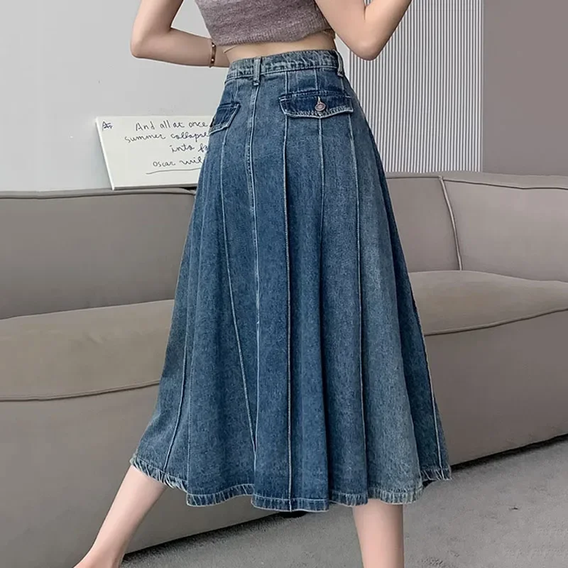 Elegante denim saia plissada senhoras mulheres cintura alta harajuku estilo coreano a linha saia longa para a menina da escola casual faldas