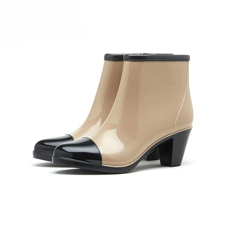 Luxury Women's Rain Boots Designer PVC Outdoor Work Shoes Waterproof Non Slip Rubber Ankle Boots Zip Chunky Heel Shoes for Women