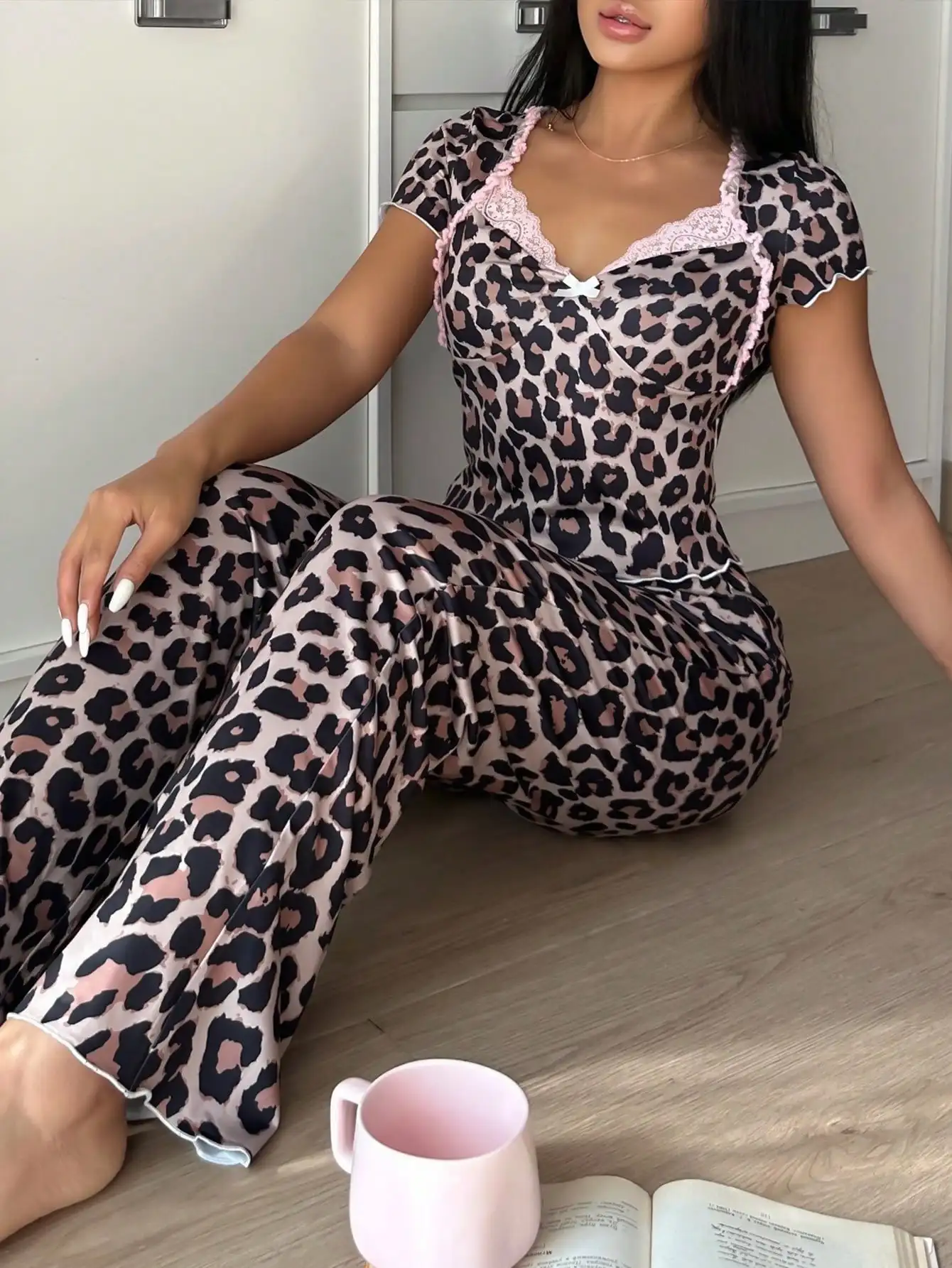 

Women's Leopard Print Lace Trim Pajama Set with V-Neck and Short Sleeves
