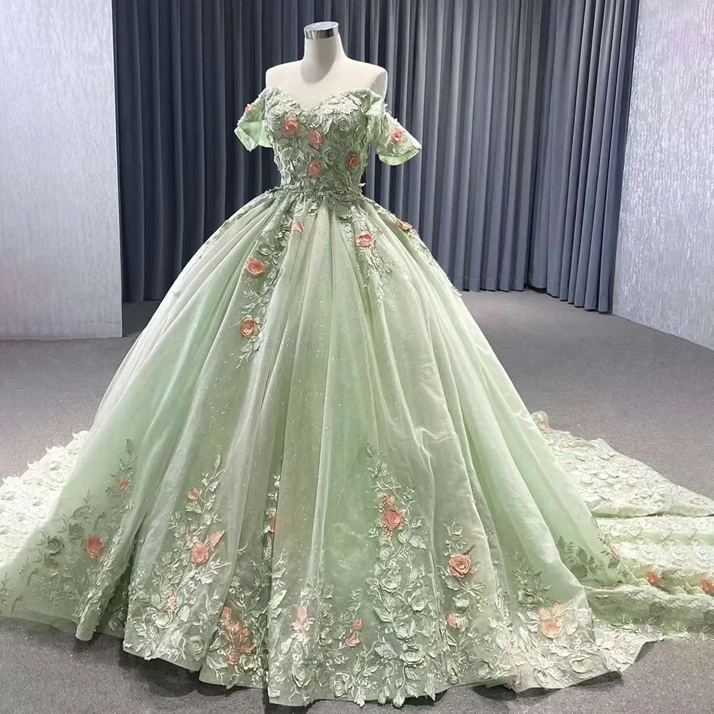 Sage Green Appliques abiti da sposa da donna eleganti con spalle scoperte fiori abiti da ballo Fashion Court Train abiti da sposa