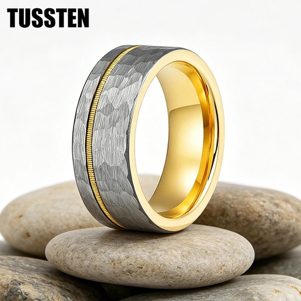 TUSSTEN 8mm Black Hammered Tungsten Ring for Men Women Gold Guitar String Inlay Fashion Engagement Wedding Band