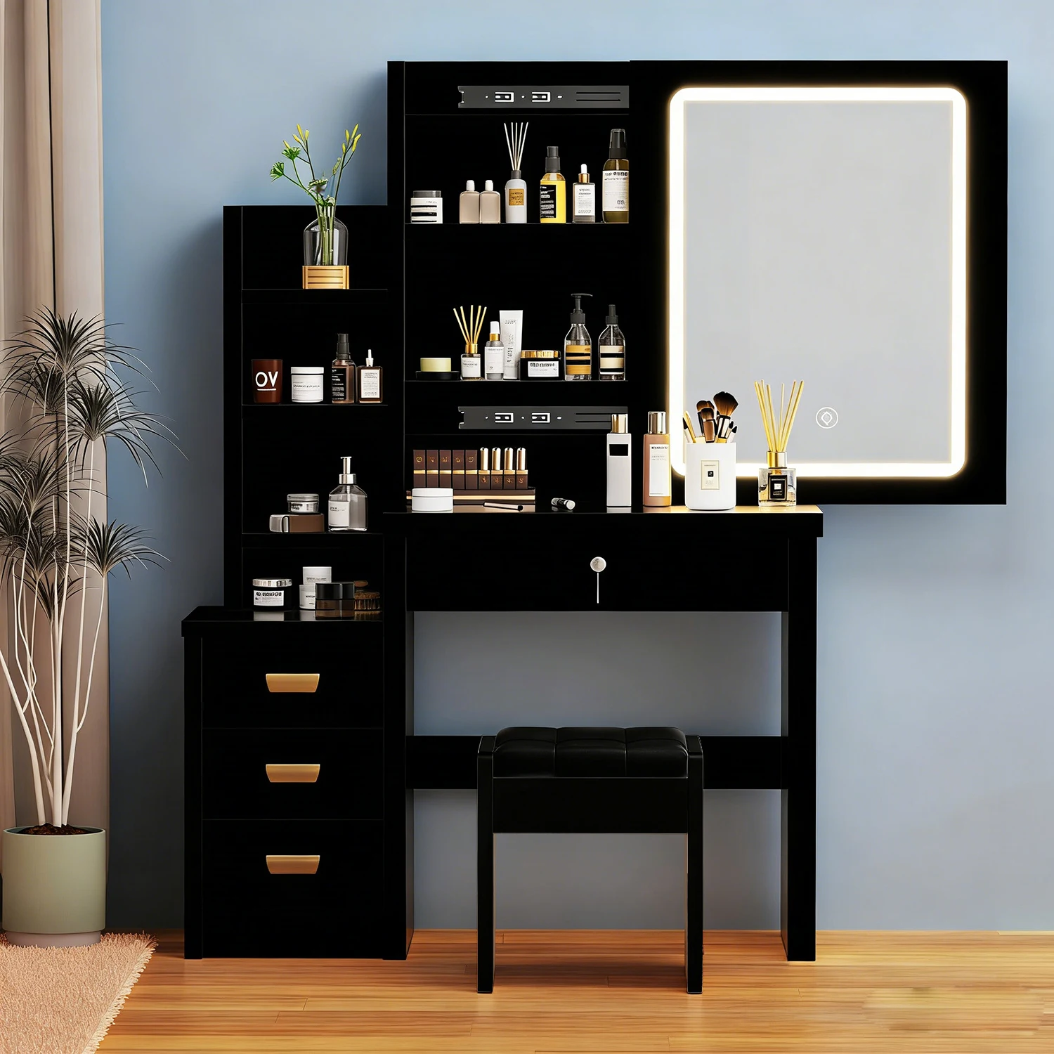 Vanity Desk Dressing Table Stool Set With LED Dimmable Mirror,Black Makeup Vanity Table Vanity Desk With Lights And Drawers For Adults Women Girls Bedroom