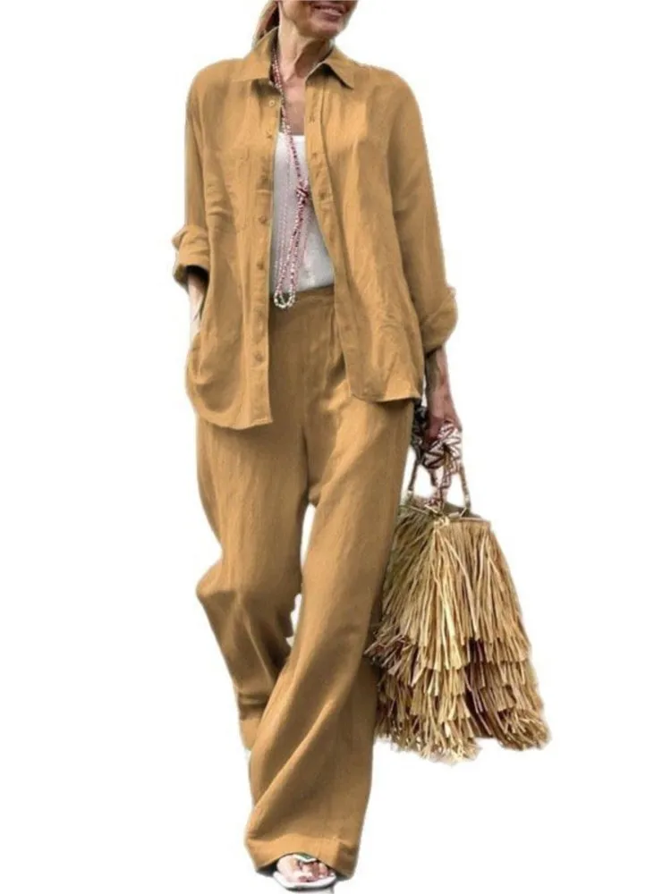 

Women Cotton Linen Two Piece Sets Spring Autumn Casual Long Sleeve Pocket Shirts Set Fashion Loose Wide Leg Pants Suit Outfites