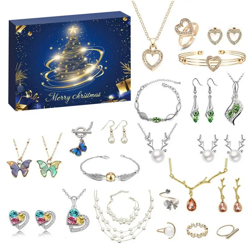 Calendario de Adviento de Navidad para niñas, pulsera de princesa, collar, pendientes, calendario de cuenta regresiva de 24 días, joyería de Papá Noel, regalos para mujeres