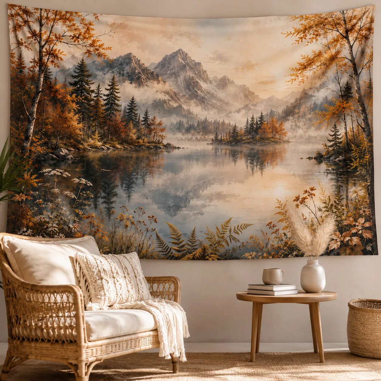 Autumn Mountain Lake Tapestry Misty Forest Landscape Wall Hanging Nature Wall Decor for Bedroom Living Room Dorm Home Decor Gift
