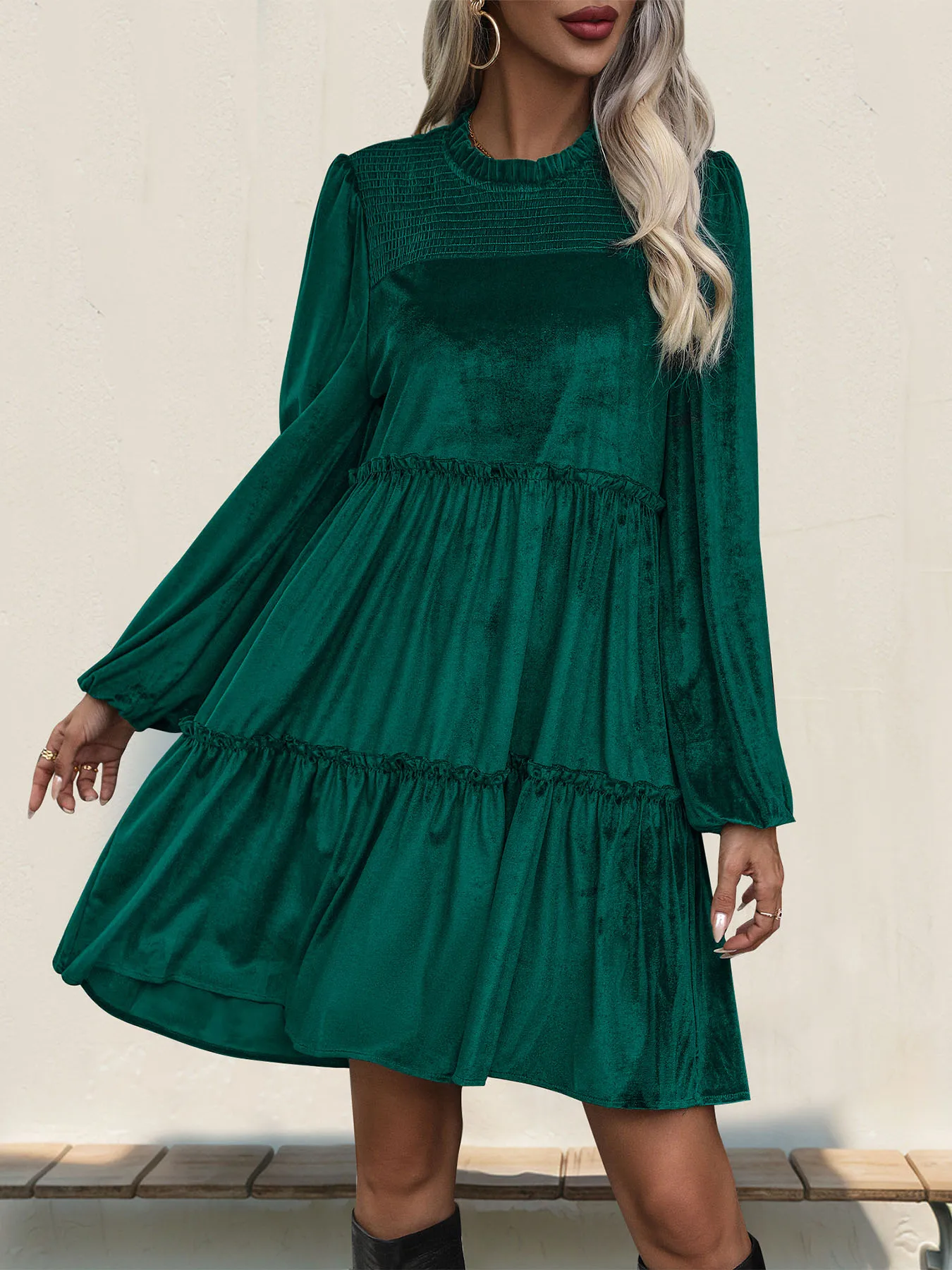 JIM & Km A-Robe monochromatique à manches longues pour femme, jupe en velours vert foncé, bord à volants, portefeuille de jeu, transfrontalier, nouveau