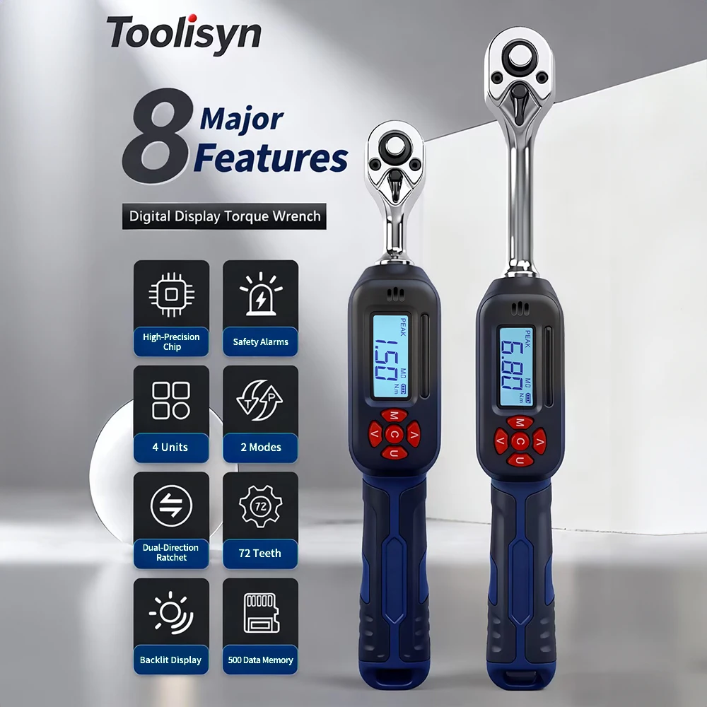 Toolisyn Digital Torque Wrench 1/4 3/8 1/2 Drive 0.3-135Nm 2% Accuracy LED Display Multiple Alarms for Auto Motorcycle Bike