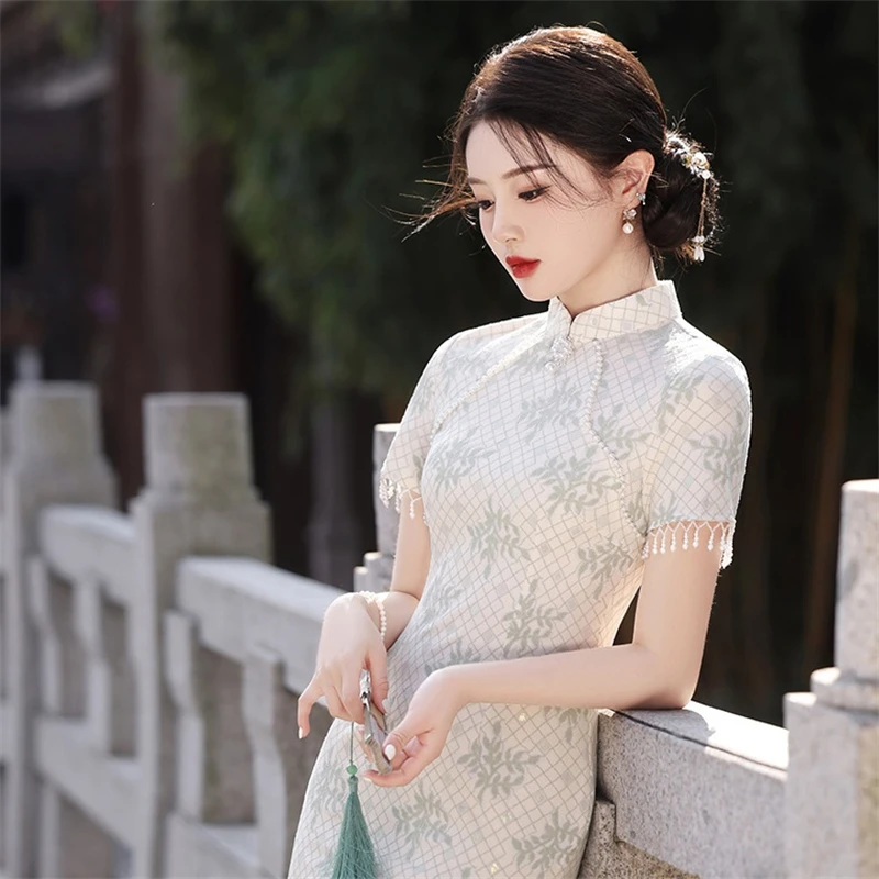 New Chinese Style Clothing Bead Decoration Composite Lace Long Cheongsam Stand Collar Short Sleeved Side Slit Slim Fit Dress