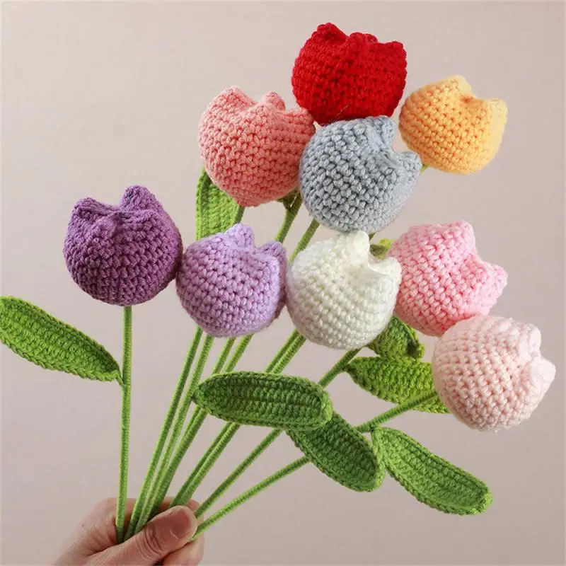 Knitting Flower Rose Tulips Daisy Single Bouquet Simulation Flower Home Decoration Wedding Hand-Knitted Crochet Fake Floral