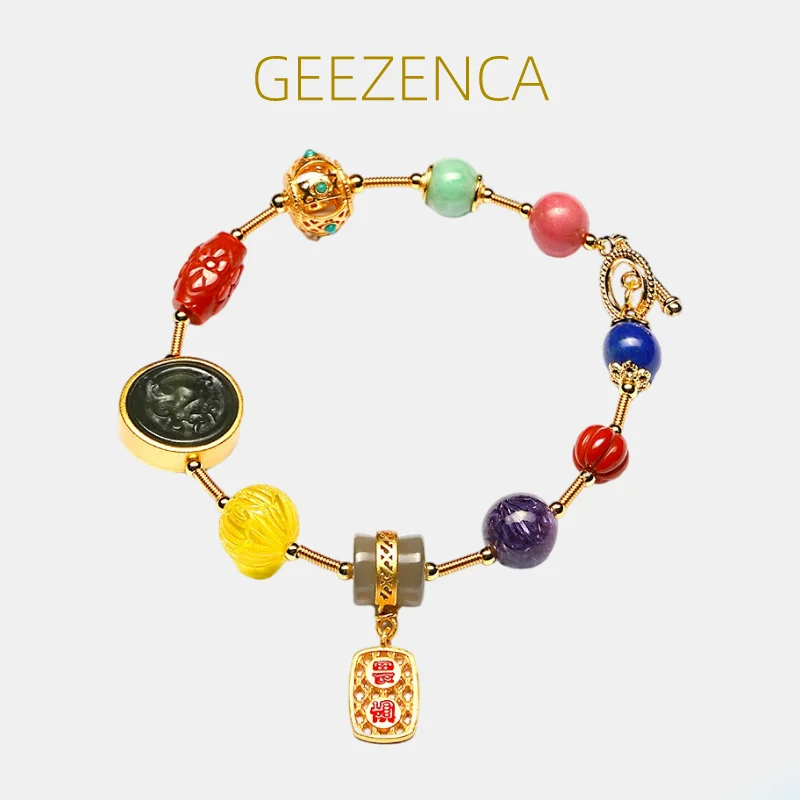 925 Sterling Silver Hetian Jasper Jade Multi Gemstones Gold-plated Bracelet Vintage Trendy Bangle Bracelets Fine Jewelry Women