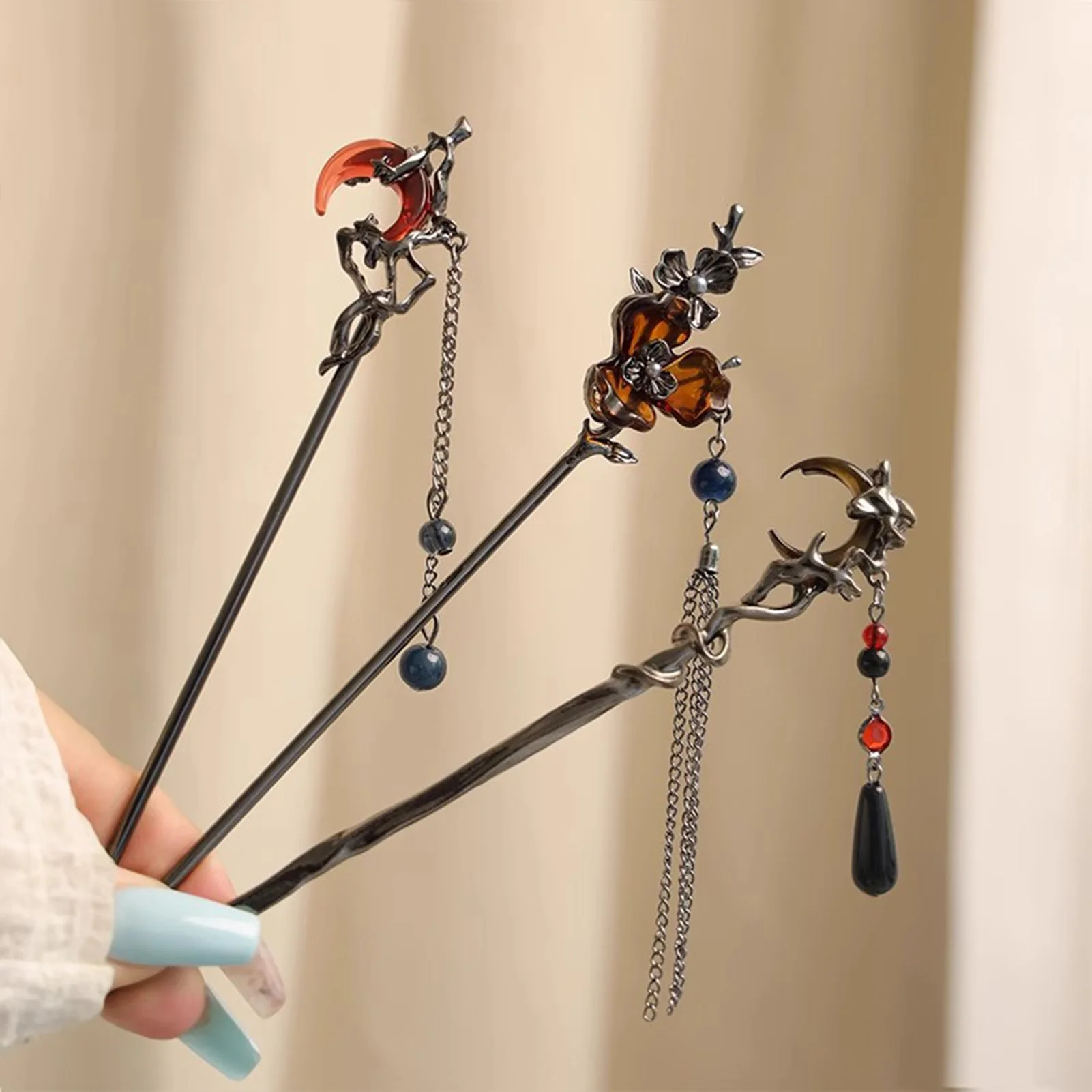 New Chinese Style Moonstone Tassel Hair Sticks for Women Vintage Metal Flower Hanfu Chopstick Hair Sticks Hair Accessories view 4
