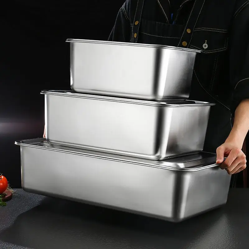 304 Stainless Steel Square Basin Rectangular Square Plate Buffet Number of Basin Deepen Tray Fast Food Dish with Lid Square Box