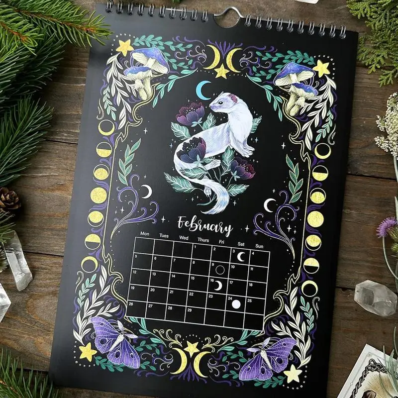 2024 Moon Phase Calendar 2024 Dark Forest Elf Series Wall Calendar Monthly Planner with Dark Moon Ornament Home Office