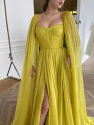 Robe de Bal en Mousseline de Soie avec Col en Cœur, Tenue de Soirée Formelle Plissée, Fente Latérale, Sans Manches, Cape, Dos aux, 2024