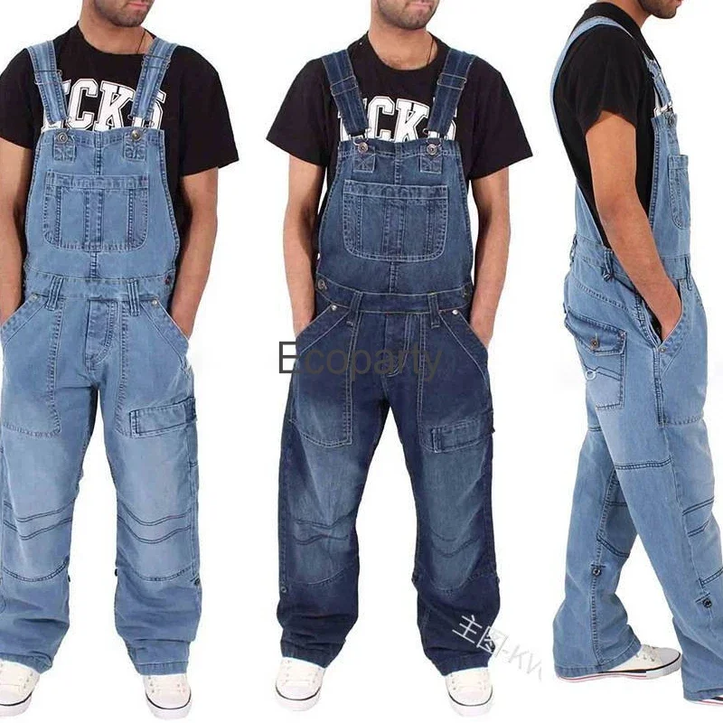 5xl Men\'s Fashion Jeans Plus Size Casual Overalls Suspenders Jumpsuit Man Loose Work Pants Male Multi Pocket Loose Trousers