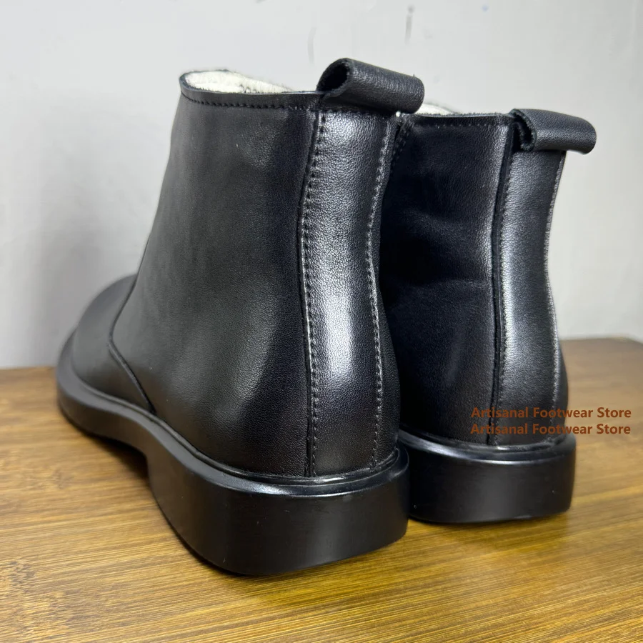 ارتفاع أعلى أفخم تشيلسي الأحذية جولة تو الجانب سستة جلد الغنم والصوف المتكاملة الكاحل الثلوج أحذية الشتاء الدافئة الرجال الأحذية