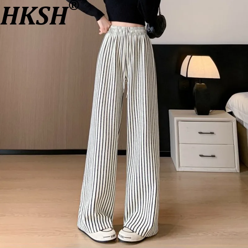 

HKSH весна осень новые женские широкие брюки на шнурке с эластичной резинкой на талии в полоску вязаные драпированные универсальные элегантные повседневные брюки HK13006