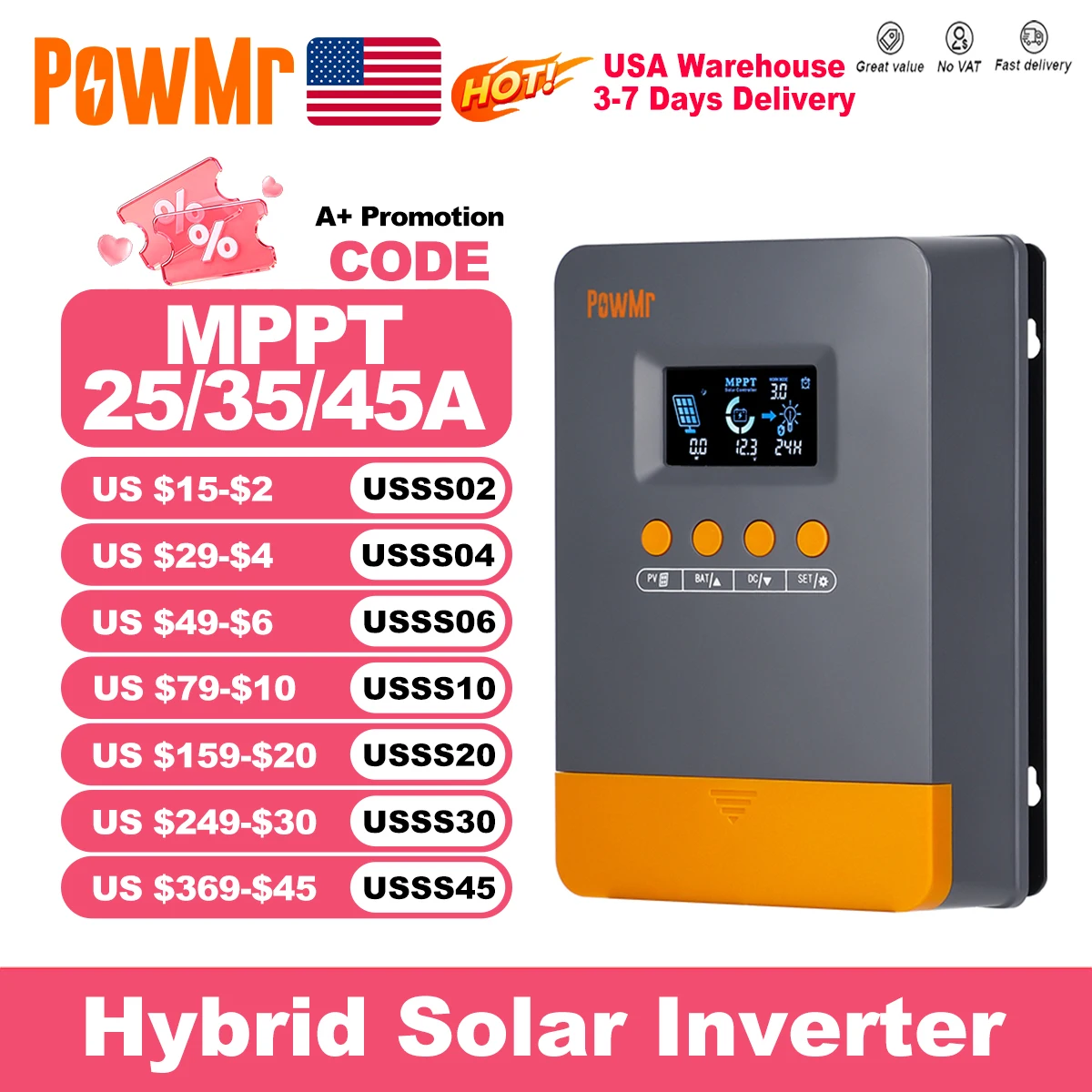 

PowMr США 25A 35A 45A MPPT контроллер заряда солнечной батареи 12 В 24 В автоматический для панели 100 В интеллектуальный регулятор свинцово-кислотная/литиевая батарея