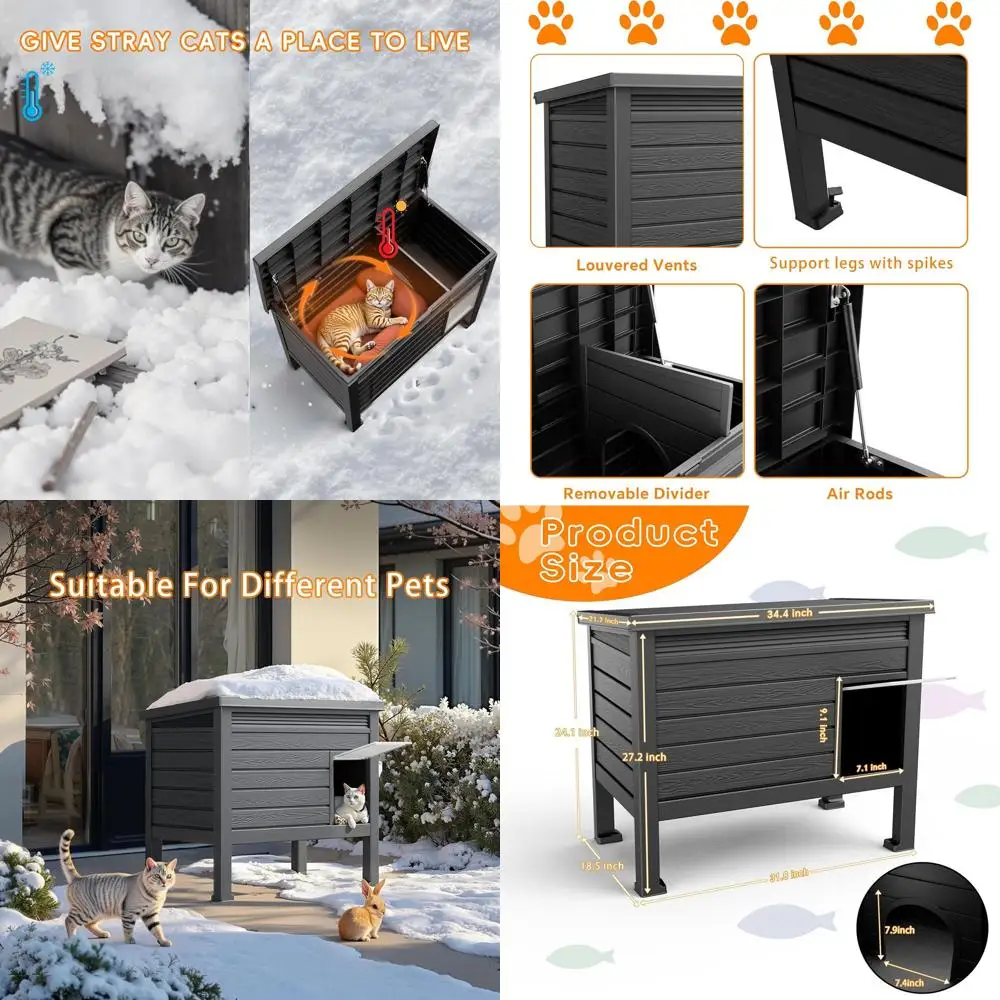 

Прочная всепогодная будка для кошек с приподнятым полом, теплая, простая в сборке, для уличных кошек и мелких животных (черная, большая)