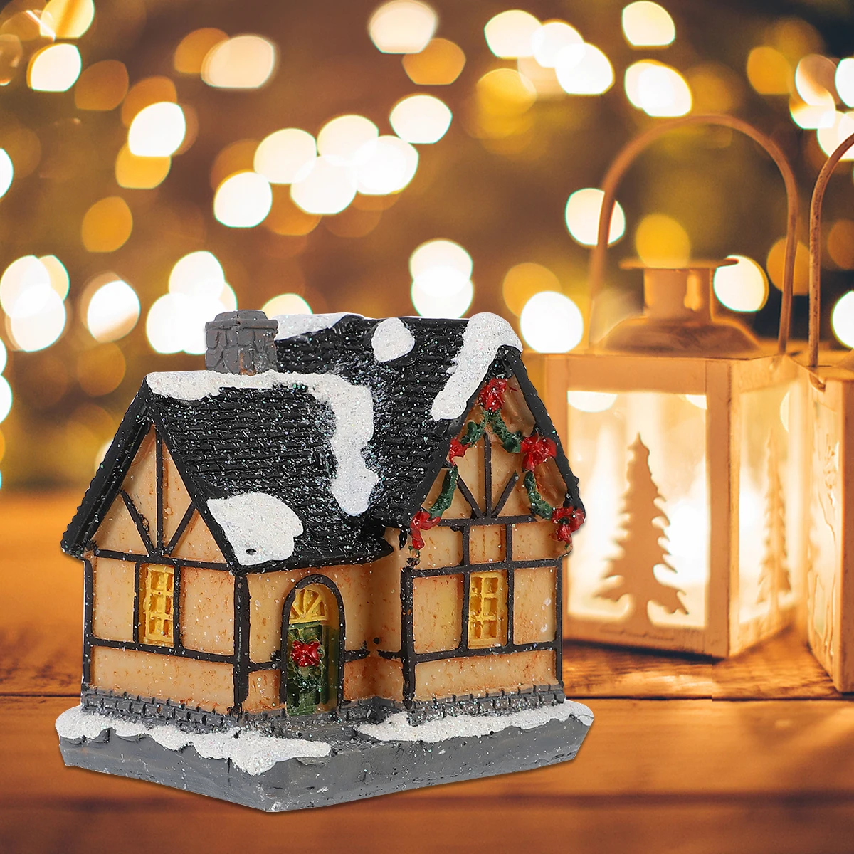 

1Pcs Christmas Luminous House Resin LED Light Villa Ornament for Xmas Party Winter Home Decoration Desktop Gift