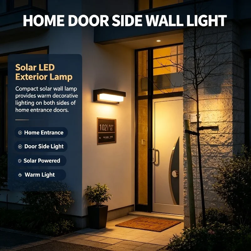 Outdoor Solar Wall Lamp LED Exterior Light, Black Horizontal Design with White Diffuser for Home Entrance and Door Side