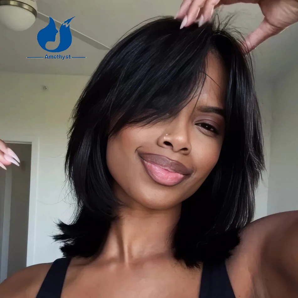 

Многослойный парик с аметистовым покрытием для лица, 13x6, парик из натуральных волос на кружеве для женщин, бразильский Реми с гладкой челкой, средняя часть