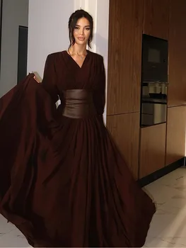 فساتين نسائية أنيقة ريترو بلون واحد موضة رقبة على شكل V فساتين طويلة سبليت للخريف فستان نسائي جديد للحفلات بأكمام طويلة على شكل حرف a