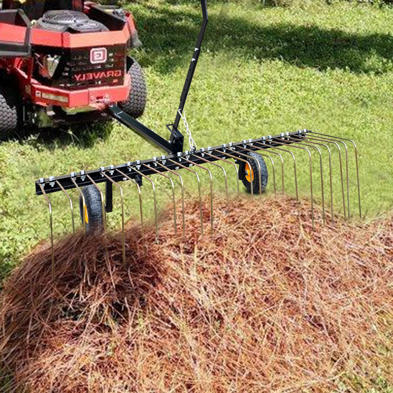 Tow Behind Lawn Dethatcher 60 in Wide 24 Spring Steel Tines Adjustable Depth 12 in Pneumatic Tires Pin Hitch Lift Handle for Lawn Tractor ATV UTV Riding Mower Yard Care Grass Thatch Removal