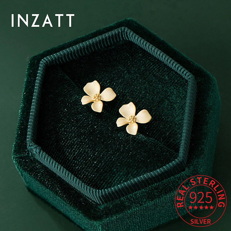 

INZATT Real 925 Sterling Silver 18K Gold Flower Plant Stud Earrings For Charming Women Cute Fine Jewelry Minimalist Accessories