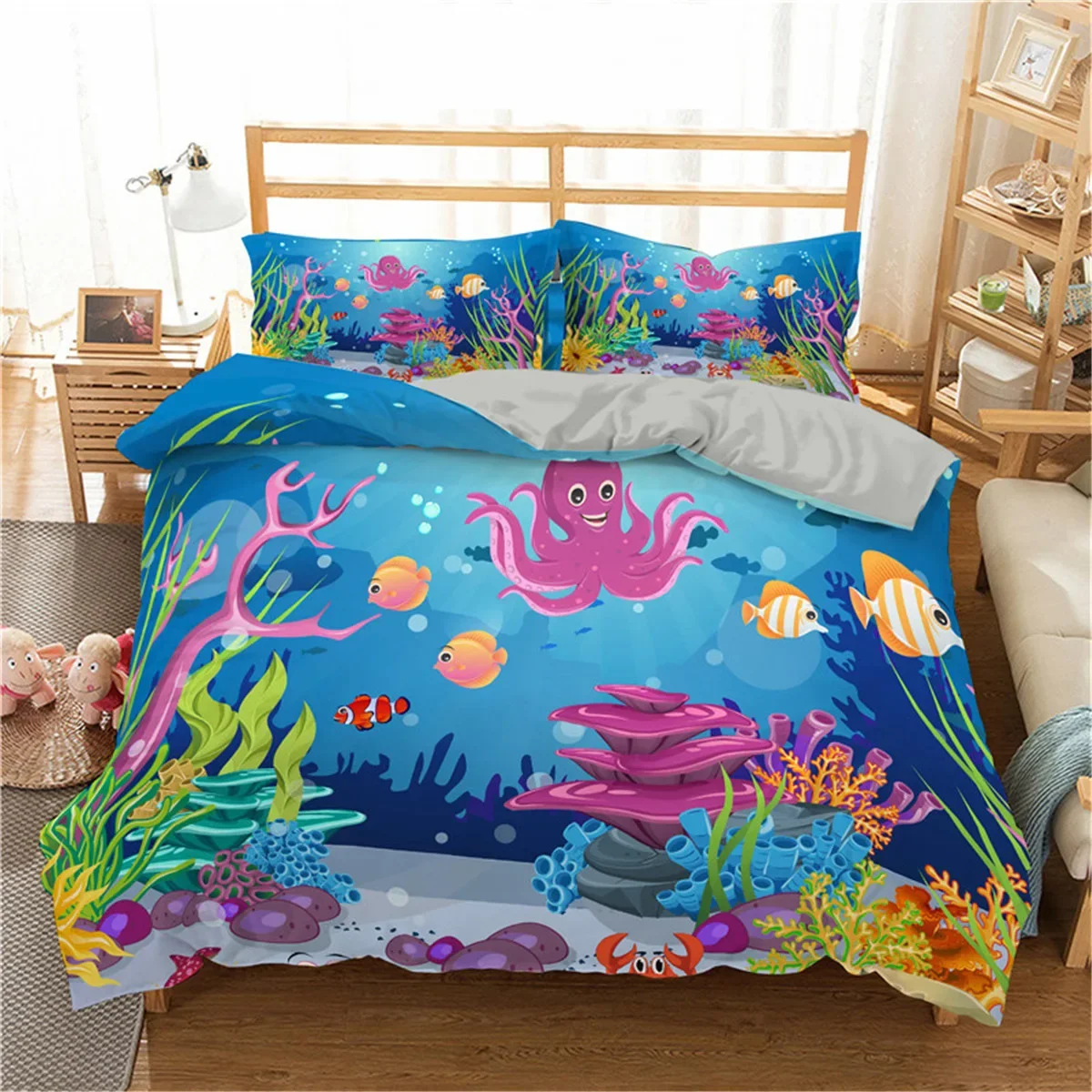 Cartoon Octopus Bedding Set King/Queen Size,Ocean Underwater World Duvet Cover Kids Sea Coral Fish 2/3pcs Polyester Quilt Cover